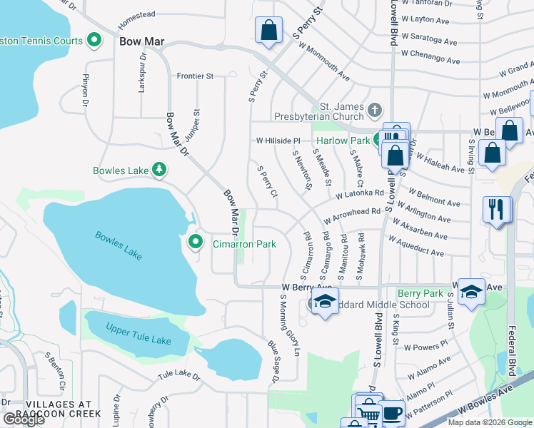 map of restaurants, bars, coffee shops, grocery stores, and more near 5295 South Perry Court in Littleton