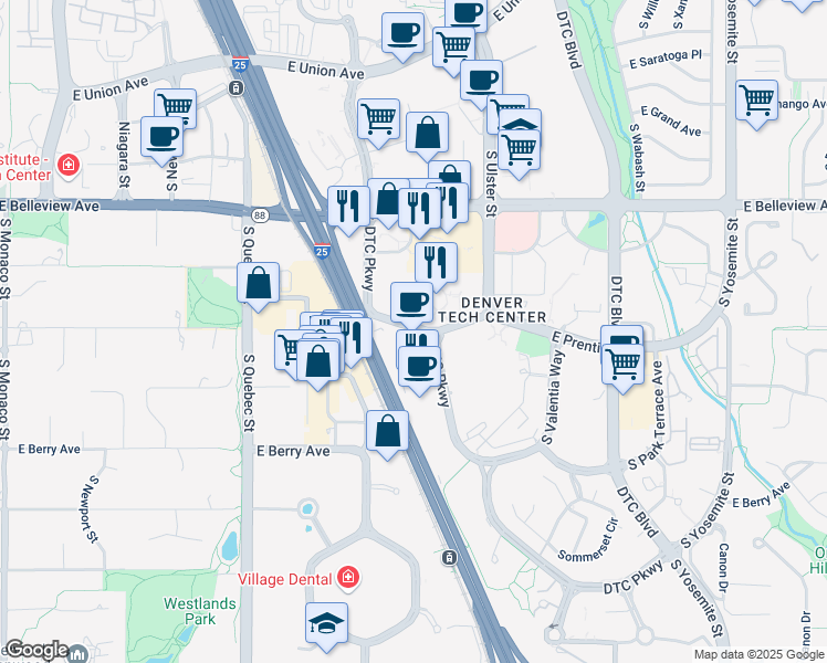 map of restaurants, bars, coffee shops, grocery stores, and more near 5251 DTC Parkway in Greenwood Village