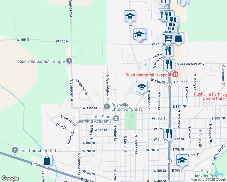 map of restaurants, bars, coffee shops, grocery stores, and more near 1206 North Arthur Street in Rushville