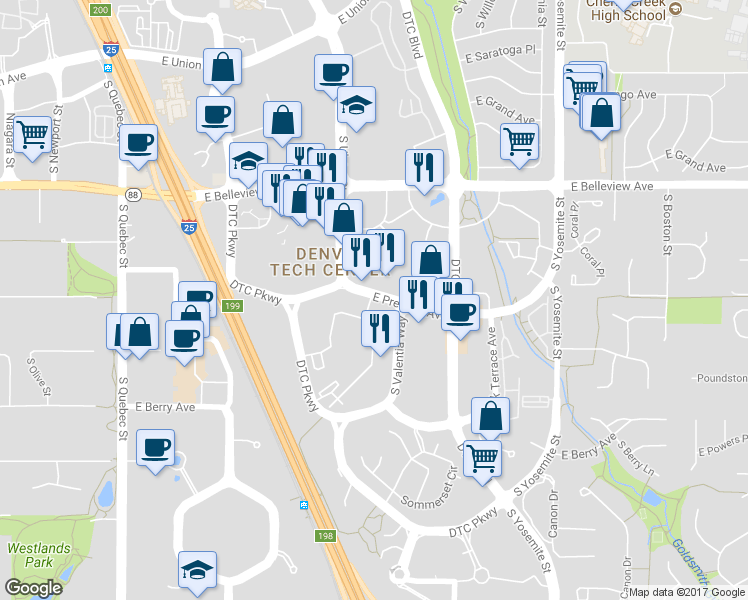 map of restaurants, bars, coffee shops, grocery stores, and more near 8300 Prentice Ave in Greenwood Village