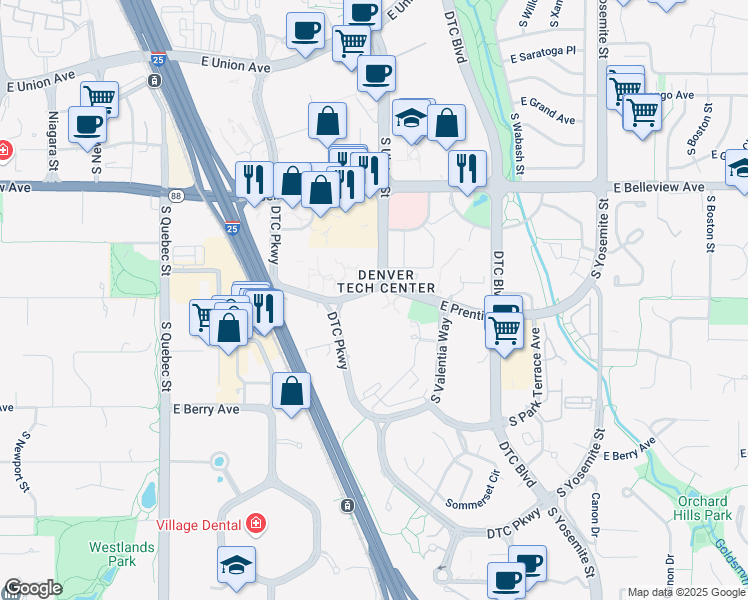 map of restaurants, bars, coffee shops, grocery stores, and more near 8000 East Prentice Avenue in Greenwood Village