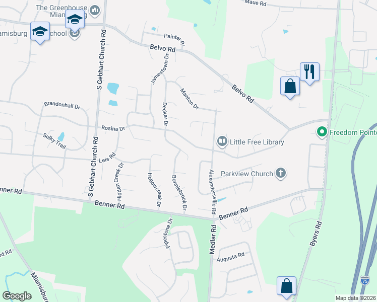 map of restaurants, bars, coffee shops, grocery stores, and more near 2255 Rosina Drive in Miamisburg