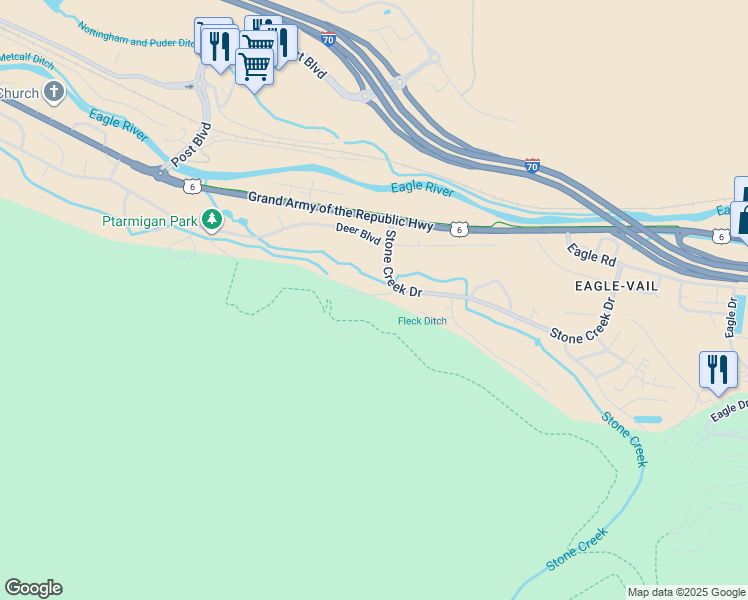 map of restaurants, bars, coffee shops, grocery stores, and more near 654 Stone Creek Drive in Avon