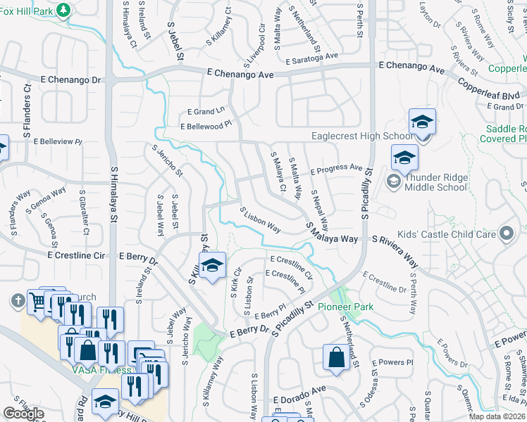 map of restaurants, bars, coffee shops, grocery stores, and more near 5256 South Liverpool Way in Centennial