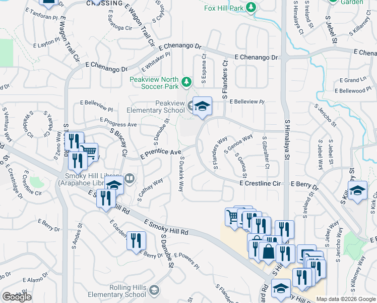 map of restaurants, bars, coffee shops, grocery stores, and more near 19399 East Prentice Lane in Centennial