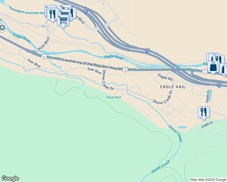 map of restaurants, bars, coffee shops, grocery stores, and more near 611 Stone Creek Drive in Beaver Creek