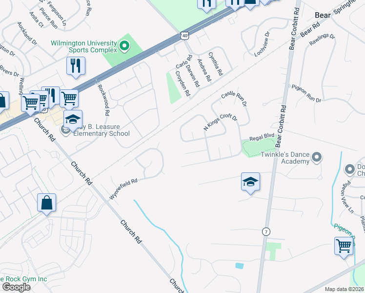 map of restaurants, bars, coffee shops, grocery stores, and more near 233 Rushes Drive in Bear