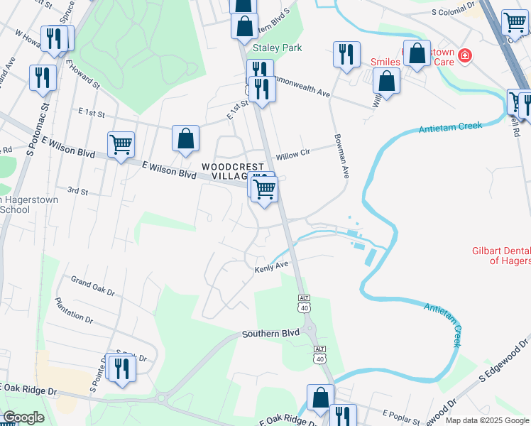 map of restaurants, bars, coffee shops, grocery stores, and more near 761 East Wilson Boulevard in Hagerstown