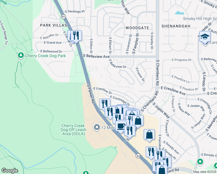 map of restaurants, bars, coffee shops, grocery stores, and more near 14641 East Poundstone Drive in Aurora