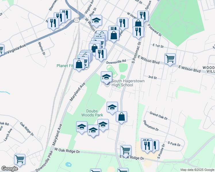 map of restaurants, bars, coffee shops, grocery stores, and more near 1101 South Potomac Street in Hagerstown