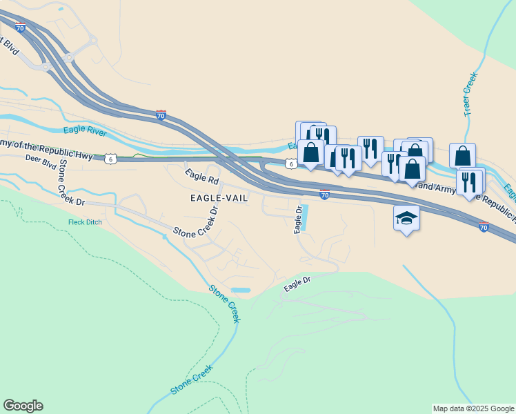 map of restaurants, bars, coffee shops, grocery stores, and more near 264 Eagle Road in Avon