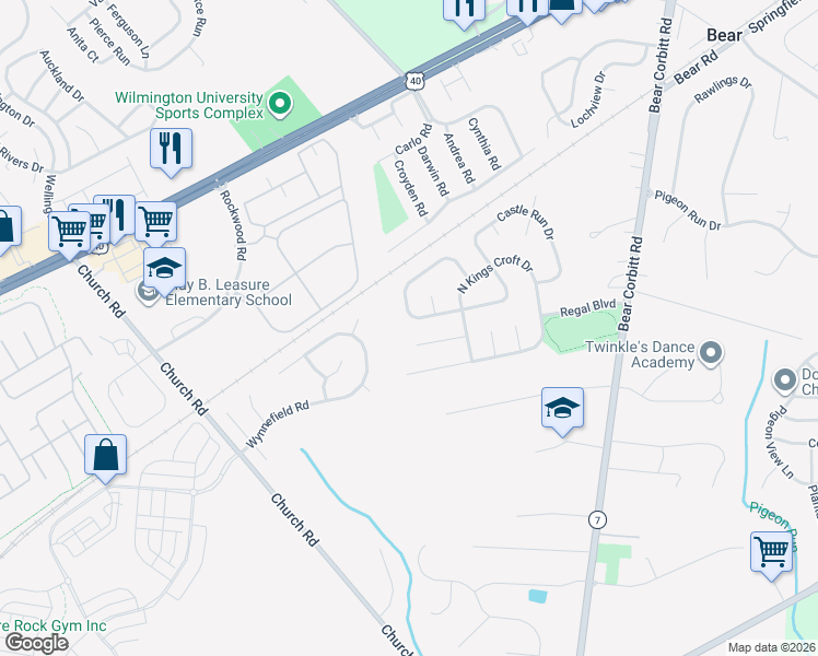 map of restaurants, bars, coffee shops, grocery stores, and more near 233 Rushes Drive in Bear