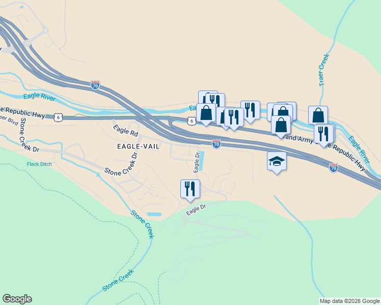 map of restaurants, bars, coffee shops, grocery stores, and more near Interstate 70 in Vail
