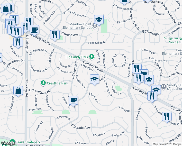 map of restaurants, bars, coffee shops, grocery stores, and more near 17915 East Prentice Drive in Centennial