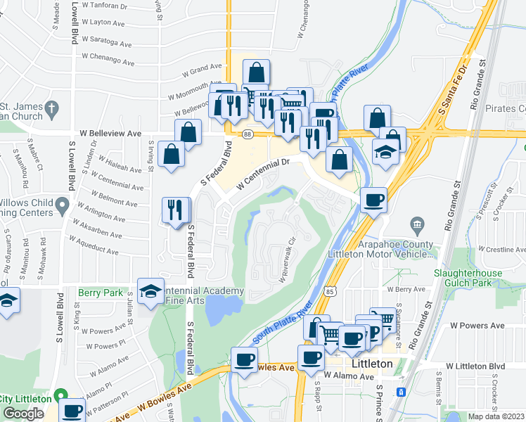 map of restaurants, bars, coffee shops, grocery stores, and more near 2844 West Centennial Drive in Littleton
