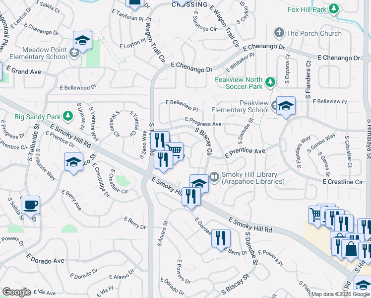 map of restaurants, bars, coffee shops, grocery stores, and more near 5237 South Bahama Circle in Centennial