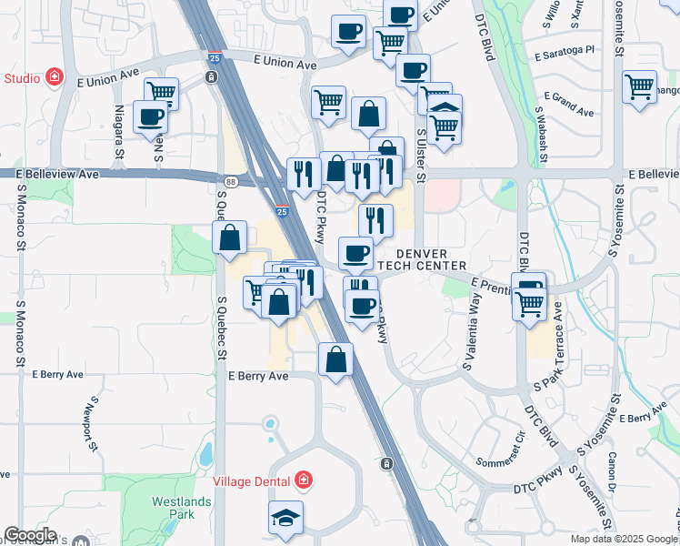 map of restaurants, bars, coffee shops, grocery stores, and more near 5275 DTC Parkway in Greenwood Village