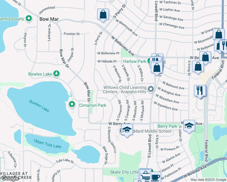 map of restaurants, bars, coffee shops, grocery stores, and more near 5277 South Camargo Road in Littleton