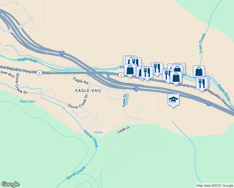 map of restaurants, bars, coffee shops, grocery stores, and more near 314 Eagle Road in Vail