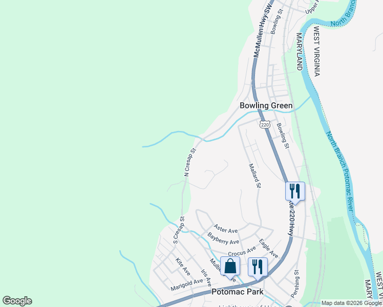 map of restaurants, bars, coffee shops, grocery stores, and more near 12923 North Cresap Street in Cumberland