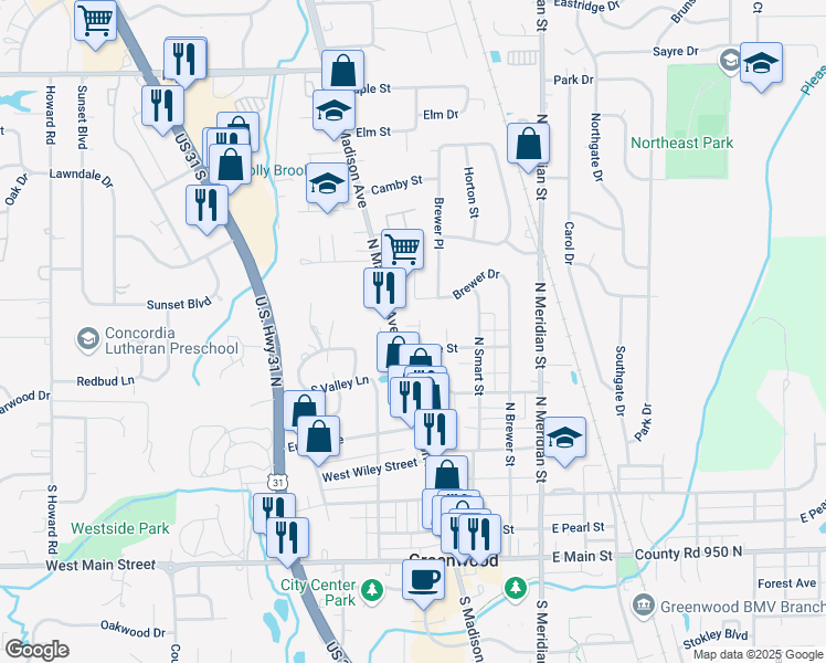 map of restaurants, bars, coffee shops, grocery stores, and more near 500 North Madison Avenue in Greenwood
