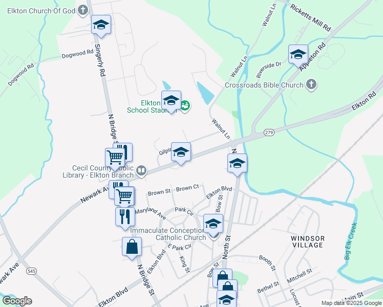 map of restaurants, bars, coffee shops, grocery stores, and more near 110 Gilpin Avenue in Elkton