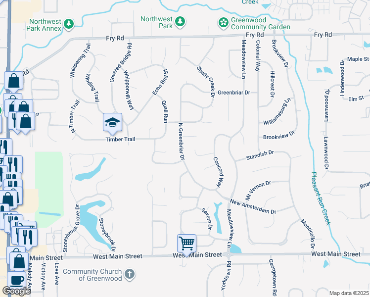 map of restaurants, bars, coffee shops, grocery stores, and more near 430 North Greenbriar Drive in Greenwood