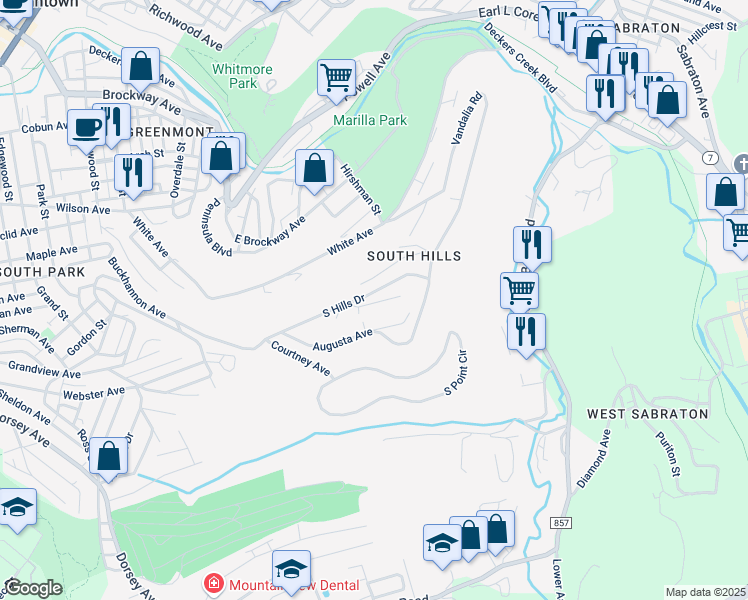 map of restaurants, bars, coffee shops, grocery stores, and more near 773 Mountain View Place in Morgantown