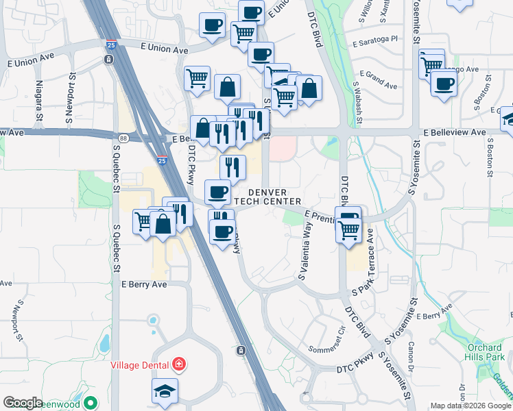 map of restaurants, bars, coffee shops, grocery stores, and more near in Greenwood Village