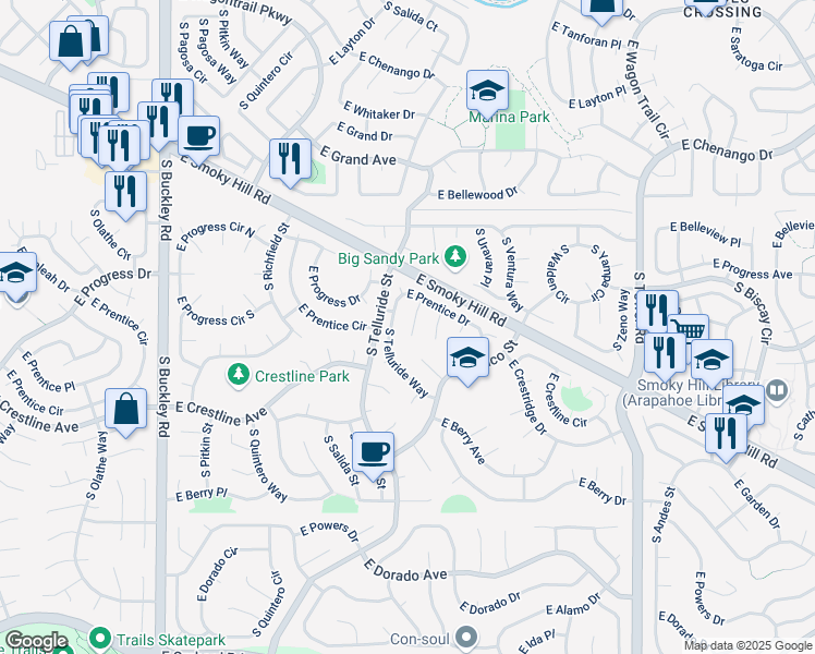 map of restaurants, bars, coffee shops, grocery stores, and more near 5304 South Telluride Way in Centennial