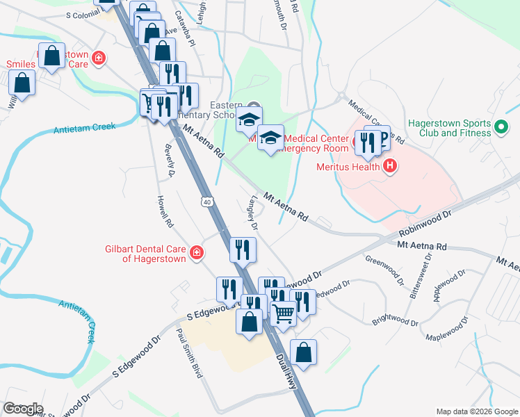 map of restaurants, bars, coffee shops, grocery stores, and more near 223 Lily Court in Hagerstown
