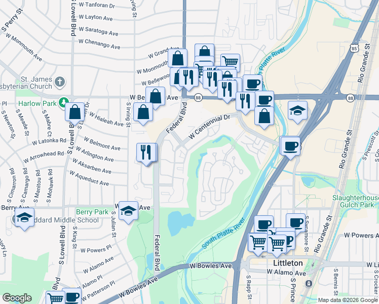 map of restaurants, bars, coffee shops, grocery stores, and more near 2852 West Centennial Drive in Littleton