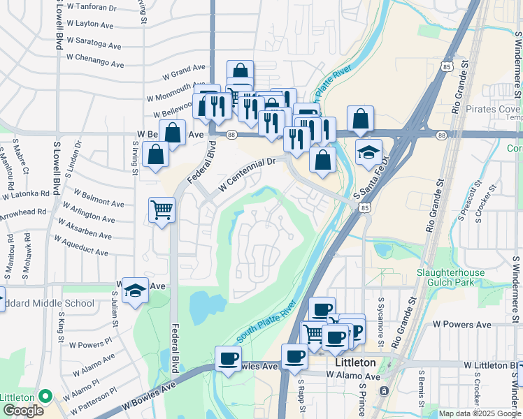 map of restaurants, bars, coffee shops, grocery stores, and more near 2896 West Riverwalk Circle in Littleton