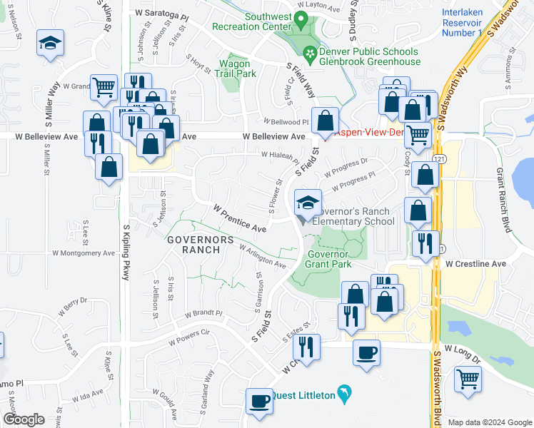 map of restaurants, bars, coffee shops, grocery stores, and more near 9102 West Belmont Avenue in Littleton