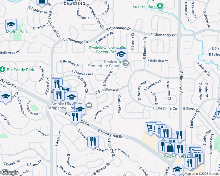 map of restaurants, bars, coffee shops, grocery stores, and more near 19270 East Progress Avenue in Centennial