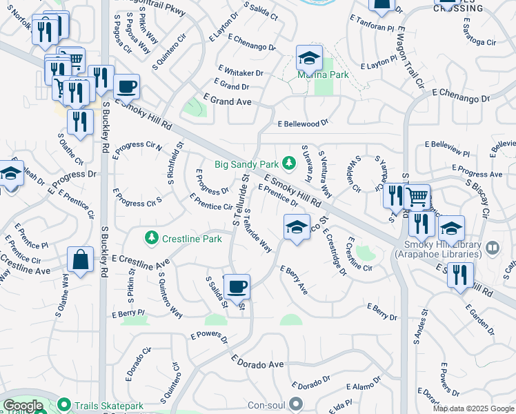 map of restaurants, bars, coffee shops, grocery stores, and more near 5304 South Telluride Way in Centennial