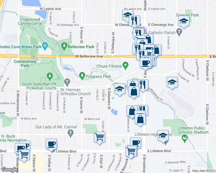 map of restaurants, bars, coffee shops, grocery stores, and more near 481 West Prentice Avenue in Littleton