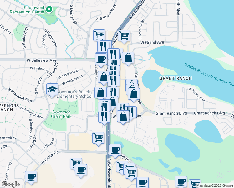 map of restaurants, bars, coffee shops, grocery stores, and more near in Denver