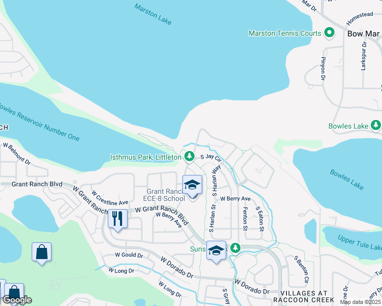 map of restaurants, bars, coffee shops, grocery stores, and more near 5305 South Ingalls Street in Denver
