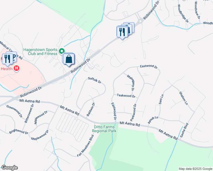 map of restaurants, bars, coffee shops, grocery stores, and more near 11141 Suffolk Drive in Hagerstown