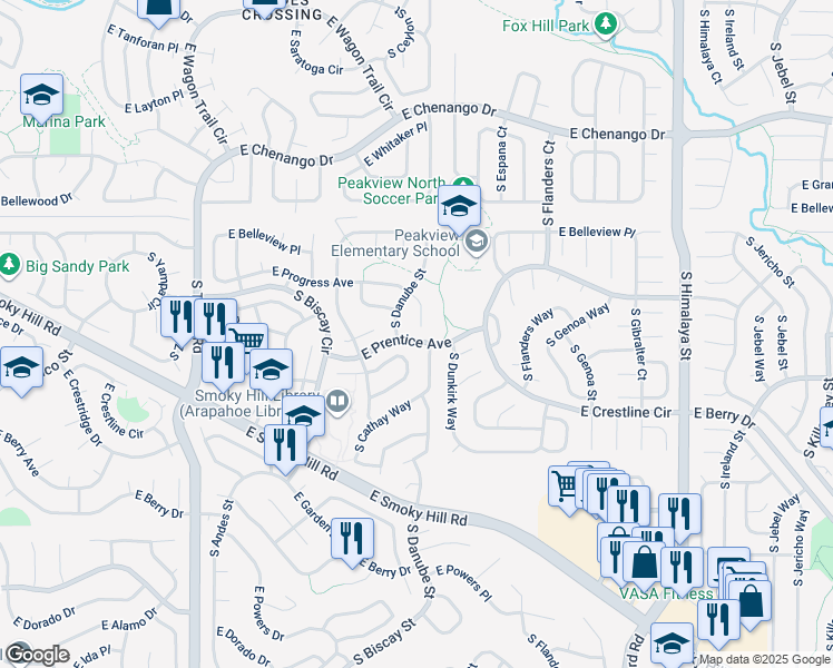 map of restaurants, bars, coffee shops, grocery stores, and more near 19270 East Progress Avenue in Centennial