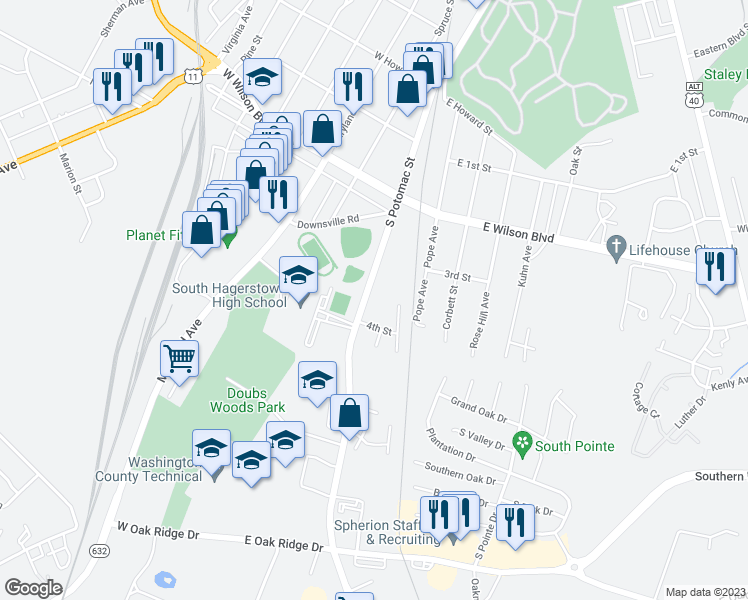 map of restaurants, bars, coffee shops, grocery stores, and more near 1078 South Potomac Street in Hagerstown
