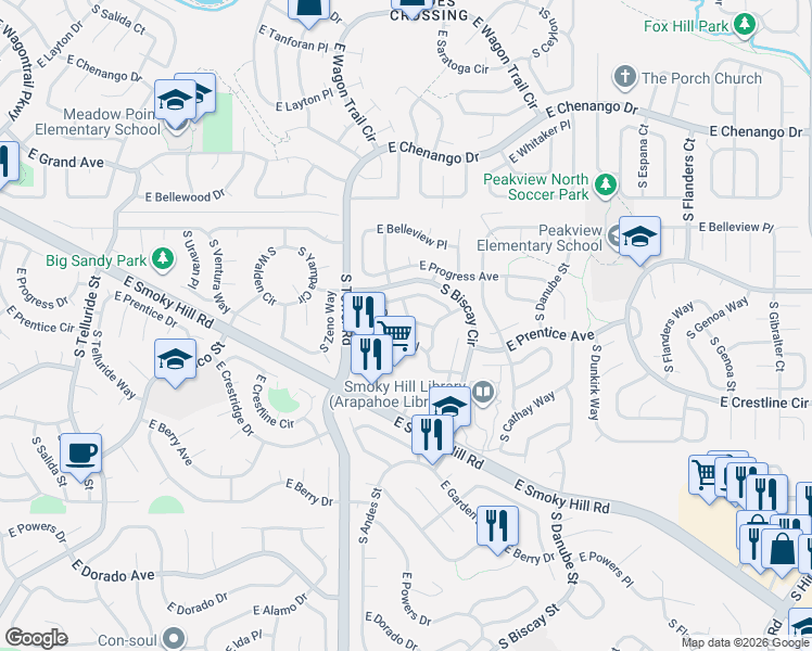 map of restaurants, bars, coffee shops, grocery stores, and more near 5257 South Bahama Circle in Centennial