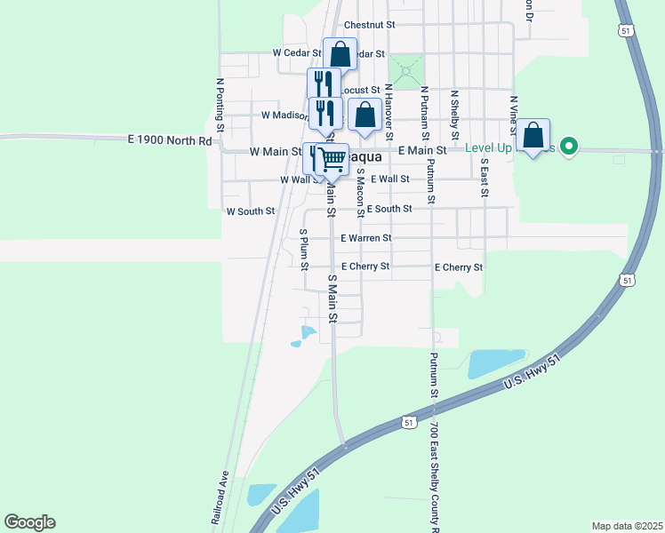 map of restaurants, bars, coffee shops, grocery stores, and more near 100 West Cherry Street in Moweaqua