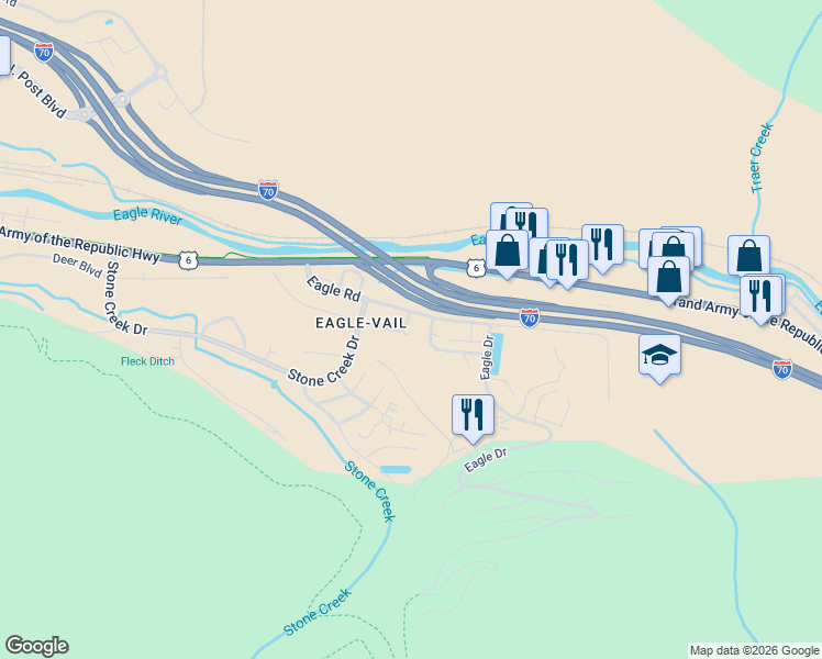 map of restaurants, bars, coffee shops, grocery stores, and more near 264 Eagle Road in Avon