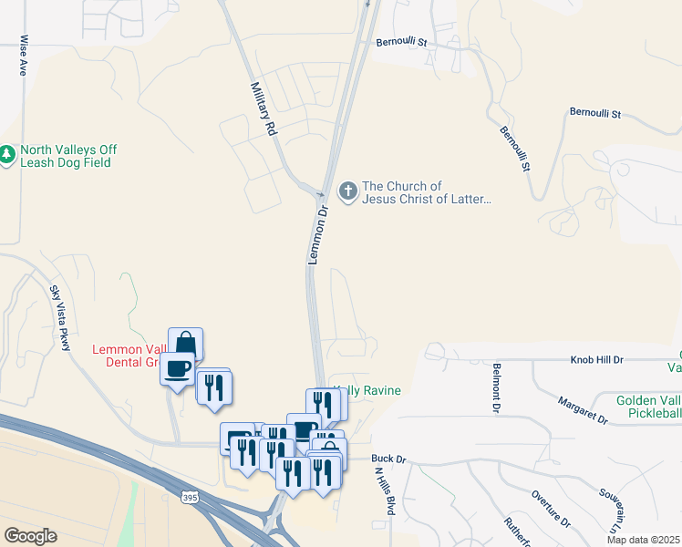map of restaurants, bars, coffee shops, grocery stores, and more near Lemmon Drive Frontage Road in Reno