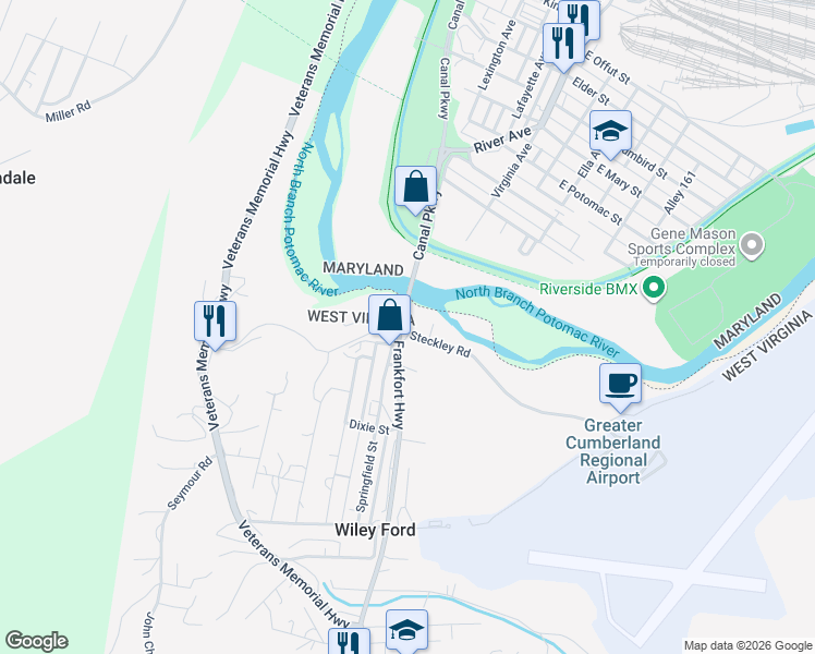 map of restaurants, bars, coffee shops, grocery stores, and more near 9 Steckley Road in Wiley Ford