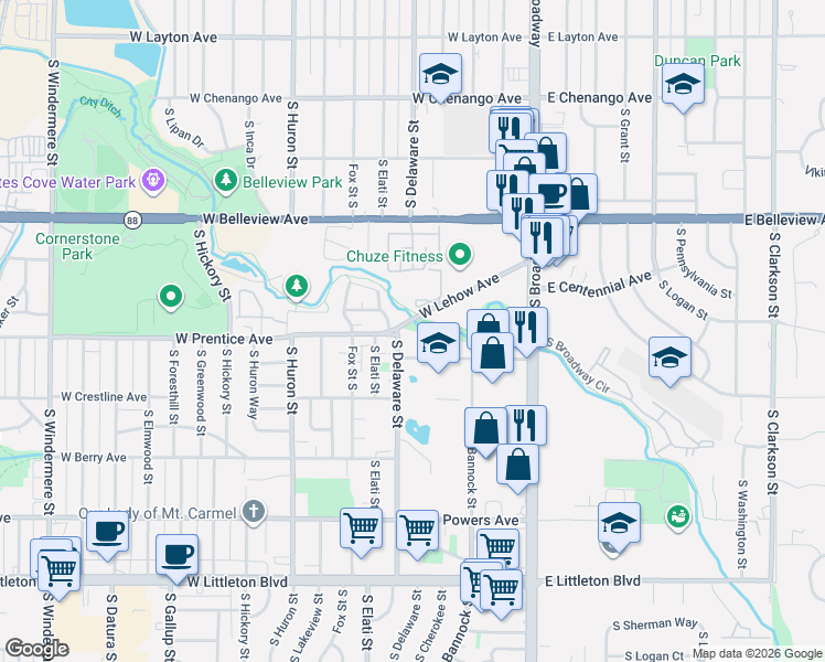 map of restaurants, bars, coffee shops, grocery stores, and more near in Englewood