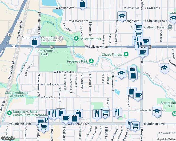 map of restaurants, bars, coffee shops, grocery stores, and more near 5250 South Huron Way in Littleton