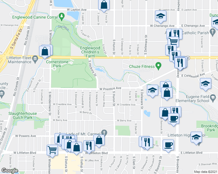 map of restaurants, bars, coffee shops, grocery stores, and more near 5250 South Huron Way in Littleton